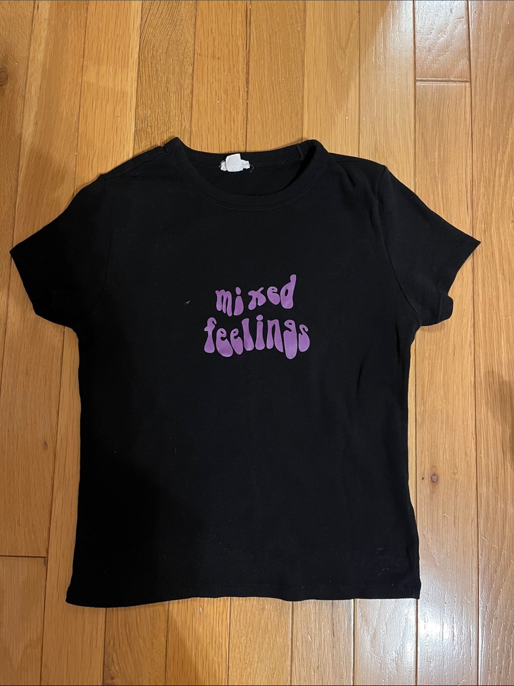 Garage black and purple “mixed feeling” cropped graphic tee